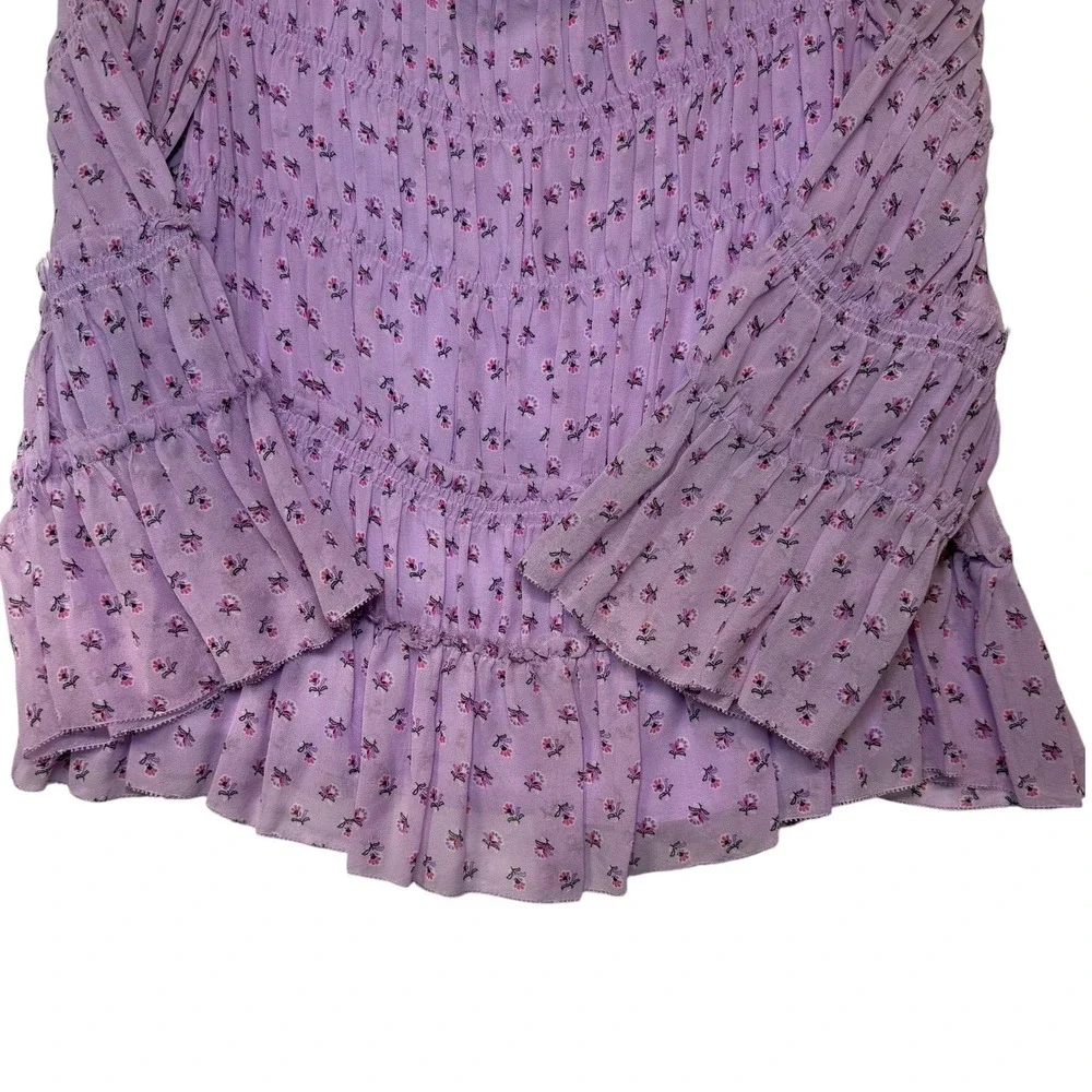 Club Monaco Purple Floral Smocked Chiffon Blouse Medium Ruffle Tiered Top